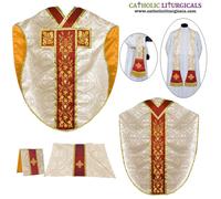 Set paramento e massa stile San Filippo Neri casula oro metallizzato, ricamo IHS
