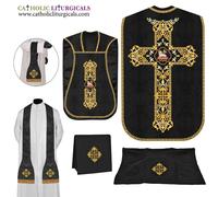 Set paramento e messa nera romana casula violino, ricamo Agnus Dei