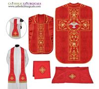 Set paramento e messa rossa romana casula violino, ricamo Spirito Santo