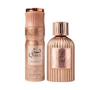 Set Paris Corner: Qissa Delicious, eau de parfum, per donna, 100 ml + Qissa Delicious, deodorante spray, per donna, 200 ml