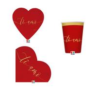 Set Party Love Ti Amo per San Valentino, Piatti, Bicchieri e Tovaglioli Coordinati, Motivo Cuori e Baci, Oro e Rosso (Senza Tovaglia)