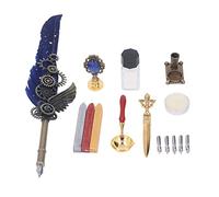 Set penne, kit penna d'oca con pennino fine e ottone, penna a cera fuoco retrò squisita per calligrafia, tagliacarte, timbro base candela, include 5 pennini, cucchiaio di cera, I (Blu navy)