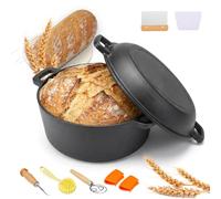 Set Pentola per Pane in Ghisa Dutch Oven 17 Pezzi | Precondizionata & Pronta all'Uso | Coperchio come Padella & Pentola | Cestello Lievitazione Raschietto Ricettario | Induzione Gas Forno