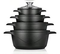 Set Pentole Induzione 8 Pezzi, ✅Spedizione 24/48h✅, 4 Pentole in Alluminio Pressofuso con Coperchio in Vetro Antiaderente, Briebe, MGK-12, 16-20-24-28 cm, Nero Goditi ogni giorno innovando in cucina o
