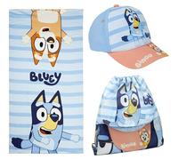 Set per bambini blu e marrone, con sacchetto di tessuto, asciugamano e cappello, stampa Bluey e Bingo, ideale per l'estate, originale in Spagna
