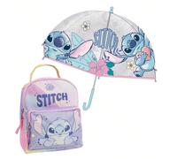 Set per bambini Zaino scolastico Blue Stitch + Ombrello a bolla trasparente con stampa Stitch, apertura manuale e struttura in fibra di vetro Il duo perfetto per i piccoli fan dell'universo di Lilo & 