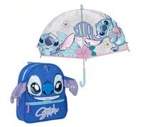 Set per bambini Zaino trolley Stitch 3D Blu + Ombrello a bolla trasparente con stampa Stitch, apertura manuale e struttura in fibra di vetro Il duo perfetto per i piccoli fan dell'universo di Lilo & S