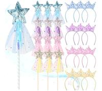 Set per capelli, bacchette colorate a forma di stella, 24 bacchette da principessa, bomboniere, bacchetta fata glitterata e corone con paillettes, accessori per travestimento per cosplay, compleanni