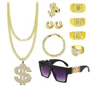 Set per costume hip hop, 9 pezzi, accessori per travestimento rapper con collana con simbolo del dollaro in oro finto, braccialetto, anelli, occhiali da sole e orecchini, stile antico