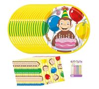 Set per festa Curioso come George per 16 ospiti - Include piatti da 22,86 cm e tovaglioli da pranzo - Più candele di compleanno in 4 colori - Decorazioni di compleanno Curioso come George