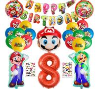 Set per feste di compleanno per bambini, Decorazioni per compleanno di 8 anni, 25 pezzi, Include striscione, adesivi per tatuaggi, Palloncino con numeri,Palloncino a forma di uomo