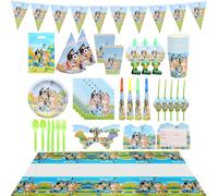 Set per feste di famiglia e amici di Blueys, comprende tovaglia, piatti di carta, bicchieri, scatole per popcorn, fazzoletti, cannucce, forchette, coltelli, cucchiai, borse, personaggi di Bluey, Bingo