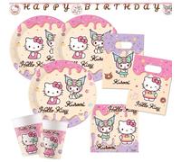 Set per feste Hello Kitty & Kuromi con ghirlanda e sacchetti per feste per | Piatti di carta, bicchieri di carta, tovaglioli, ghirlanda, sacchetti per feste di compleanno dei bambini