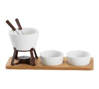 Set per fonduta di cioccolato in ceramica bianca, con 2 forchette per frutta e 2 ciotole piccole e vassoio in legno, set scalda burro in ceramica da 283,5 g