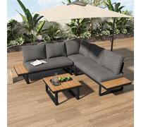 Set per il tempo libero da giardino, posizione angolare con funzione regolabile (5 livelli regolabili, fino a 55°), tubo in acciaio zincato, piastra in plastica con venature in teak, con tavolino