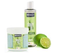 Set per la cura del legno Mahlzeit WOODY WAX cera d'api per la cura del legno + WOODY OIL olio per taglieri e utensili da cucina in legno, 2x 250 ml, profumo di limetta