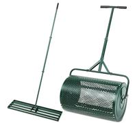 Set per la cura del prato - Spandiconcime per compost da 61 cm e rastrello livellatore per prato, rete metallica con manico a forma di T per la manutenzione del giardino