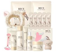 Set per la cura del viso coreano con riso, 21 pezzi, con detergente, toner, siero, crema per gli occhi, crema per il viso, 12 maschere, strumenti Gua Sha, spazzola e fascia per capelli, set regalo di