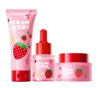 Set per la cura della pelle alla fragola con vitamina C per adolescenti, 3 pezzi, con detergente per il viso, siero e crema idratante, estratto di frutta idratante, kit per la cura della pelle del