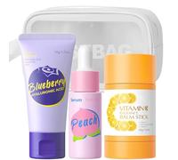 Set per la cura della pelle alla frutta con detergente ai mirtilli, stick idratante alla vitamina C, siero alla pesca con borsa per il trucco, pulizia profonda, idratante e idratante, nutre e liscia