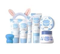 Set per la cura della pelle Milk Girl da donna, con detergente per il viso blu, fascia per capelli, cera per le mani, detergente per il viso, esfoliante, crema idratante, set da donna HzN732 (bianco,