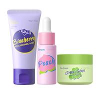 Set per la cura della pelle per donne e ragazze, set per la cura della pelle con estratto di frutta con detergente ai mirtilli, siero alla pesca, crema viso all'uva, kit quotidiano per la cura del