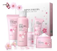 Set per La Cura Della Pelle Sakura 5 Pezzi con Detergente,Tonico,Crema Viso,Siero e Crema,Kit per La Cura Della Pelle Sakura,Sakura Skincare Set per La Pulizia del Viso per Ragazze e Donne
