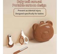 Set per la cura delle unghie del bambino di 4 pezzi, colore marrone, design portatile a cartone animato, forbici per unghie, tagliacapelli, lima per unghie e scatola di stoccaggio, lama arrotondata pe