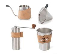 Set per la preparazione del caffè con caffettiera in acciaio inox, tazza, imbuto filtrante e macinino ergonomico rivestito in sughero (caffettiera)