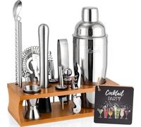 Set per la preparazione di cocktail, shaker da 750 ml, in acciaio inossidabile, kit da barista con espositore in bambù, per casa e bar (crostini argentati, 17 pezzi)