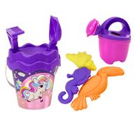 Set per la sabbia per bambini con unicorno - secchiello, paletta, rastrello, annaffiatoio e formine (viola)