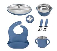 Set per l'apprendimento del mangiare per bambini in silicone e acciaio inossidabile 304, senza BPA, piatto, ciotola, tazza con manici, cucchiaio, forchetta e bavaglino, inserto in acciaio inossidabile