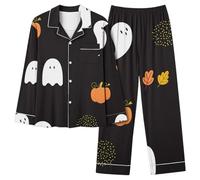 Set per le Donne Lungo Corrispondenza Vacanza Halloween 2 Pezzi Top T Shirt Pantaloni Pigiami Abiti da Notte Set Donna 2024, K-028 Nero, M