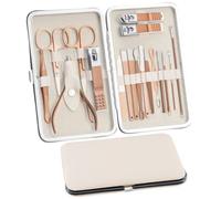 Set per manicure, 18 pezzi, set per la cura delle unghie, per pedicure, da donna e da uomo, in acciaio inox, set di manicure per unghie, set di bellezza portatile, per viaggi (oro rosa)
