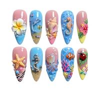 Set per manicure con punta francese sfumata a pressione, con motivo oceano 3D, forma lunga a mandorla e pezzi in ABS per un rapido cambio di stile