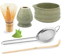 Set per matcha, collezione completa con ciotola Chawan in ceramica, frusta Chasen in bambù, paletta, setaccio e supporti in legno