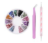 Set per Nail Art - 1 Piastra con Cristalli, Pennarello, Pinzetta e Mini Strass Piatti - Accessori per Decorazione delle Unghie e Arte del Viso