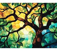 Set per pittura con numeri, per adulti in stile vetrate colorate su tela, un albero lussureggiante, pittura ad acquerello acrilica fai da te, con numeri per adulti, come regalo per la decorazione