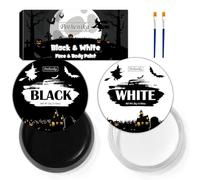 Set per pittura facciale di Halloween in bianco e nero con 2 pennelli | Colore per il corpo lavabile in acqua a base d'acqua, adatto per trucco teatro, carnevale, giochi di ruolo e clown