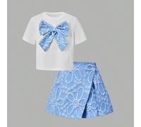 Set per ragazze pre-adolescenti con maglietta a maniche corte con scollo rotondo e grande fiocco 3D e skort asimmetrico in jacquard, per festa di compleanno, uscita con la migliore amica 8Y,9Y,10Y,11Y