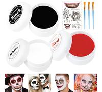 Set per Trucco Halloween - Teatrale per Zombie, Vampiri, Mostri, Clown - 100g, 3 Colori (Bianco, Nero, Rosso), 3 Pennelli, Adesivi per Cosplay, Carnevale