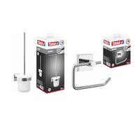 set per WC tesa EKKRO, vetro satinato e acciaio inox cromato - set di scopini per montaggio a parete senza foratura + portarotolo tesa EKKRO - porta rotolo di carta igienica