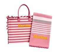 Set Personalizzato con ricamo. Borsa mare con zip e telo mare grande. Idea regalo per maestre, festa della mamma, compleanno donna. (Strisce, Fucsia)