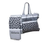 Set Personalizzato con ricamo. Borsa mare con zip e telo mare grande. Idea regalo per maestre, festa della mamma, compleanno donna. (Animalier, Grigio)