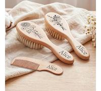 Set Personalizzato Di Spazzole Per Capelli In Legno Per Neonati, Previene La Crosta Lattea, Nome Inciso Su Misura E Set Di Spazzole E Pettini Con Fiori Di Nascita Per Neonati