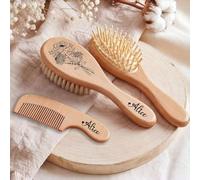 Set Personalizzato Di Spazzole Per Capelli Per Neonati, Pettine In Legno Per Massaggiare Il Cuoio Capelluto Con Nome E Fiore Natale, Kit Per La Cura Dei Capelli Per Neonati E Bambini Piccoli