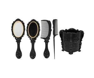Set Pettini Chioma 5 Pezzi con Specchio da Tavolo Nero Vintage | Plastica, Supporto con Scomparti, Uso Casa o Postazione Parrucchiere, per Districare con Meno Rottura