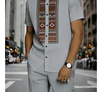 Set pezzi: Camicia a maniche corte con alla coreana e stampa da , stile e americano, e pantaloni casual, un completo da per le vacanze
