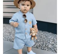 Set pezzi: Completo estivo da 0-3 anni per bambino con maglietta a maniche corte con alla coreana e pantaloncini. una toppa con cucciolo d'orso, per scene di bambini piccoli, , casual e versatile