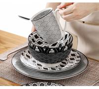 Set piatti porcellana giapponese nero bianco servizio da tavola design giappo...